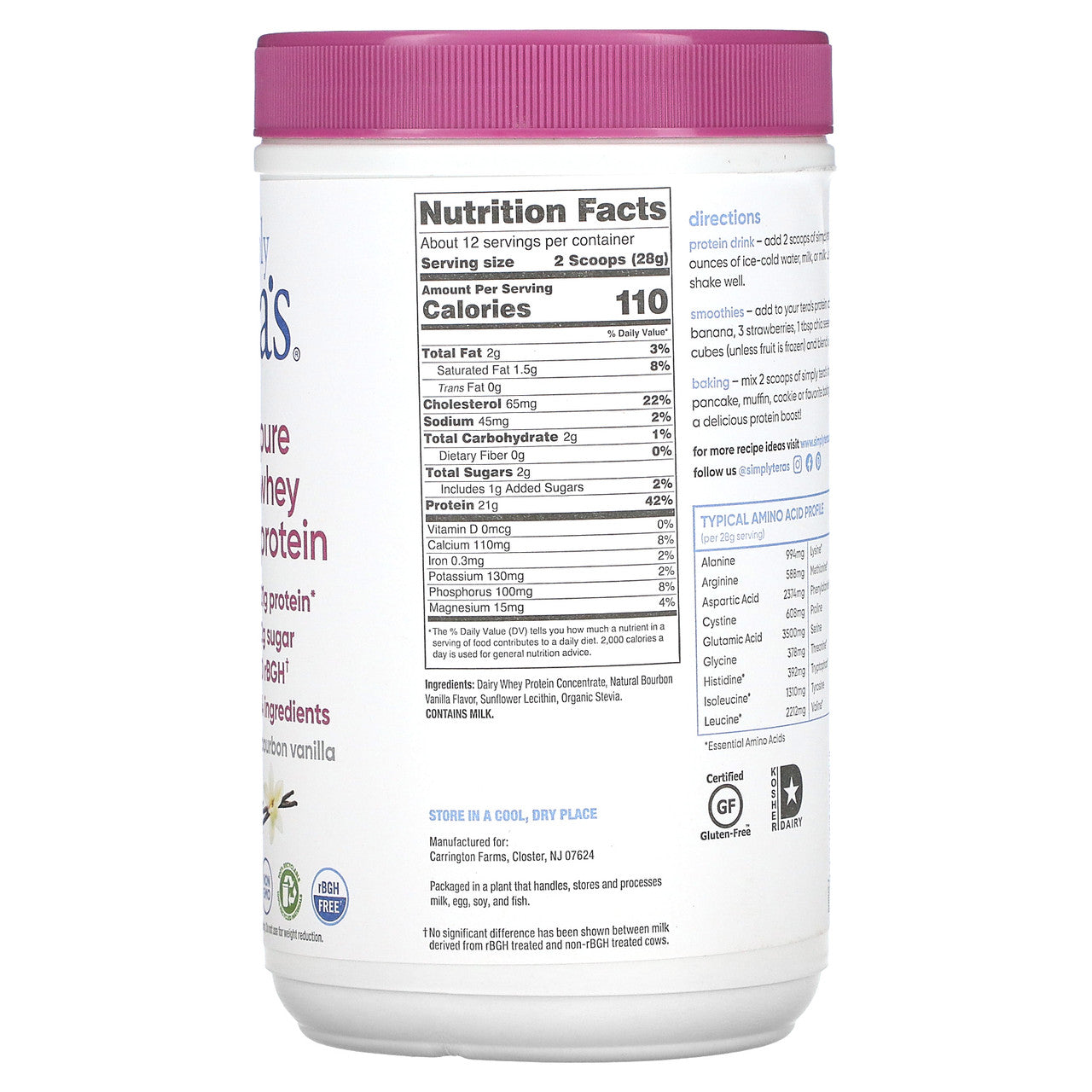 Tera's Whey rBGH Free Whey Protein Bourbon Vanilla (1x12 OZ)